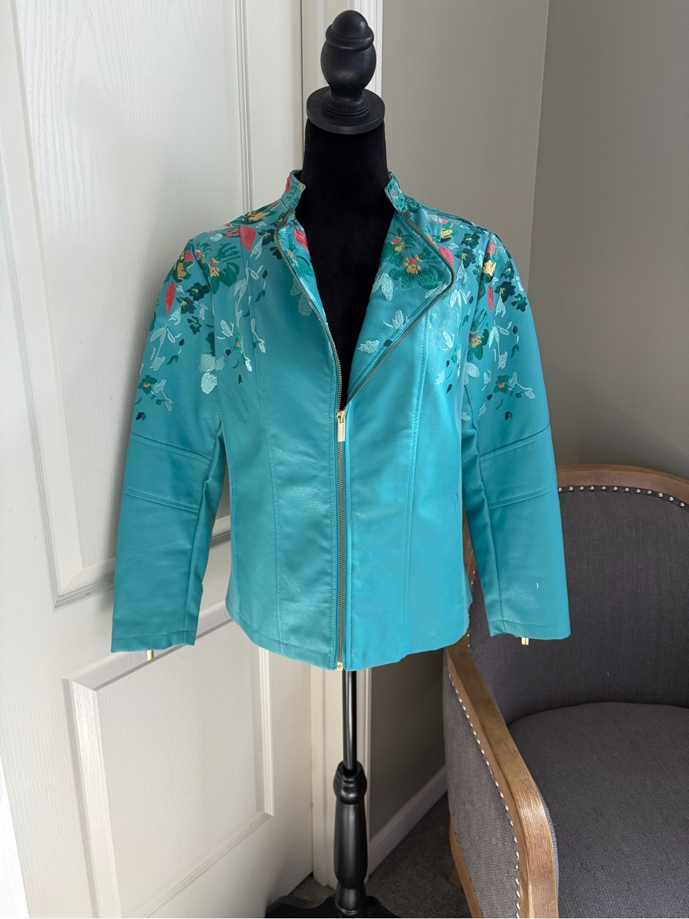 Colleen Lopez Turquoise Embroidered Leather Jacket